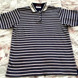 Elandale 100% cotton striped white blue embroidered logo golf polo shirt, size S